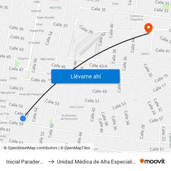 Inicial Paradero, Calle 52 Por 63 Y 65, Centro to Unidad Médica de Alta Especialidad (UMAE) Hospital Regional No 1 - Ignacio García Téllez map