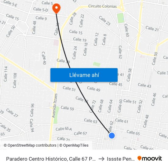 Paradero Centro Histórico, Calle 67 Por 62 Y 60, Centro to Issste Pensiones map