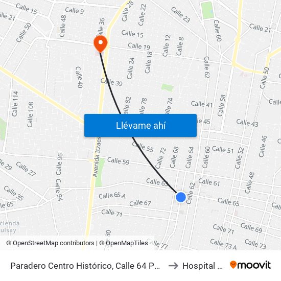 Paradero Centro Histórico, Calle 64 Por 67 Y 65, Centro to Hospital Juárez map