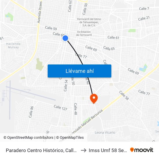 Paradero Centro Histórico,  Calle 62 Por 65 Y 67,Centro to Imss Umf 58 Serapio Rendón map