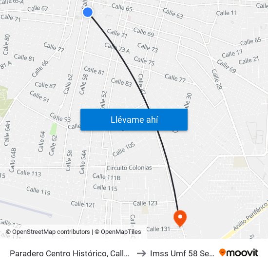 Paradero Centro Histórico, Calle 67 Por 62 Y 60, Centro to Imss Umf 58 Serapio Rendón map