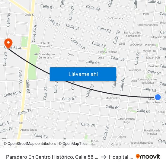 Paradero En Centro Histórico, Calle 58 Por 65 Y 67, Centro to Hospital Militar map