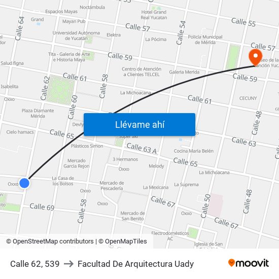 Calle 62, 539 to Facultad De Arquitectura Uady map