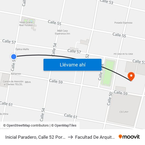 Inicial Paradero, Calle 52 Por 63 Y 65, Centro to Facultad De Arquitectura Uady map