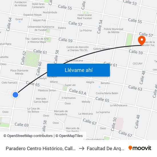 Paradero Centro Histórico,  Calle 62 Por 65 Y 67,Centro to Facultad De Arquitectura Uady map