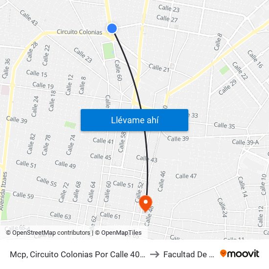 Mcp, Circuito Colonias Por Calle 40 Y Avenida Tecnológico, Colonia Buenavista to Facultad De Arquitectura Uady map