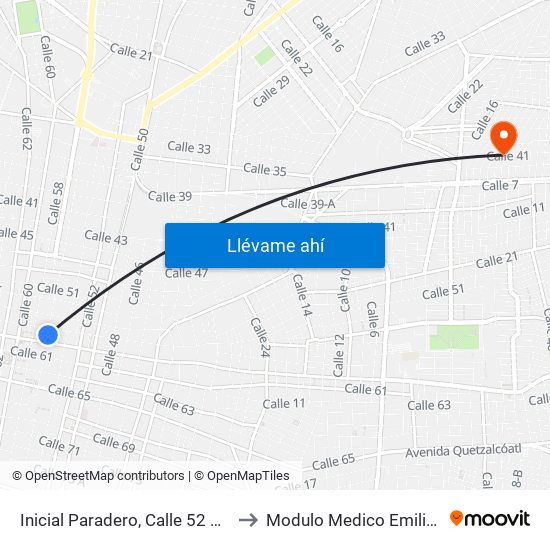 Inicial Paradero, Calle 52 Por 63 Y 65, Centro to Modulo Medico Emiliano Zapata Ote. map