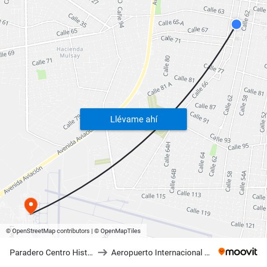 Paradero Centro Histórico, Calle 64 Por 67 Y 65, Centro to Aeropuerto Internacional De Mérida ""Lic. Manuel Crescencio Rejón"" map