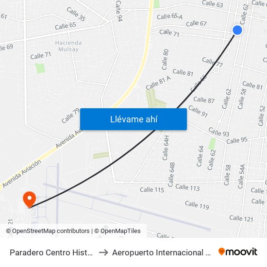 Paradero Centro Histórico Calle 67a Por 62 Y 64, Centro to Aeropuerto Internacional De Mérida ""Lic. Manuel Crescencio Rejón"" map