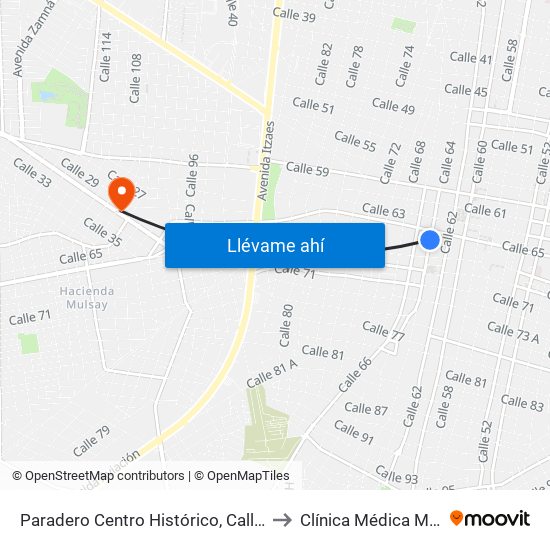 Paradero Centro Histórico, Calle 64 Por 67 Y 65, Centro to Clínica Médica Madero Hospital map