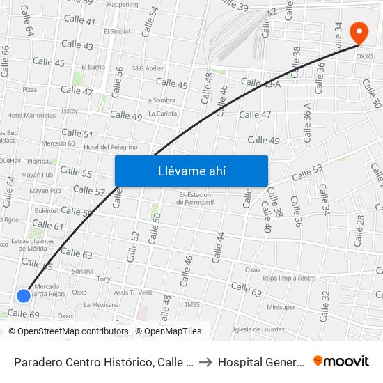 Paradero Centro Histórico, Calle 67 Por 62 Y 60, Centro to Hospital General Regional 1 map