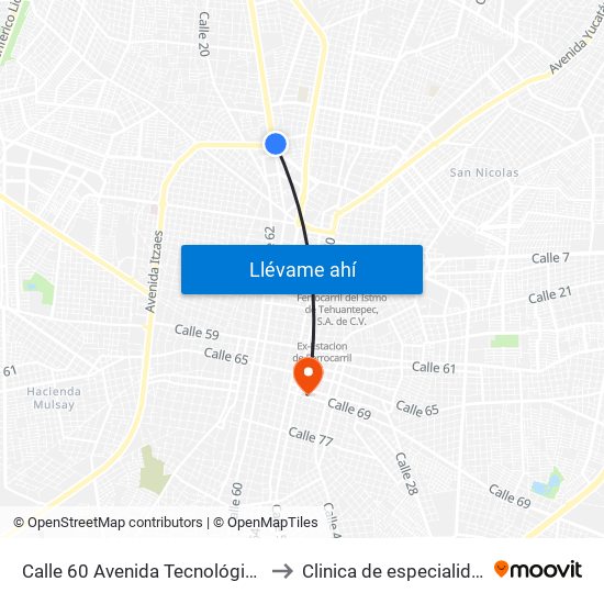 Calle 60 Avenida Tecnológico Por Circuito Colonias, Buenavista to Clinica de especialidades medicas San cristobal map