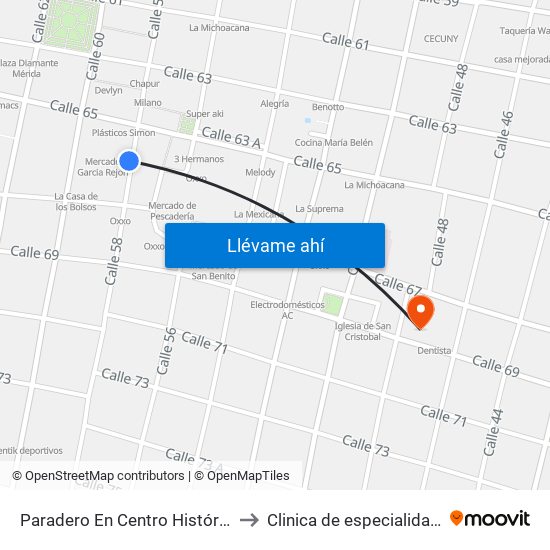 Paradero En Centro Histórico, Calle 58 Por 65 Y 67, Centro to Clinica de especialidades medicas San cristobal map