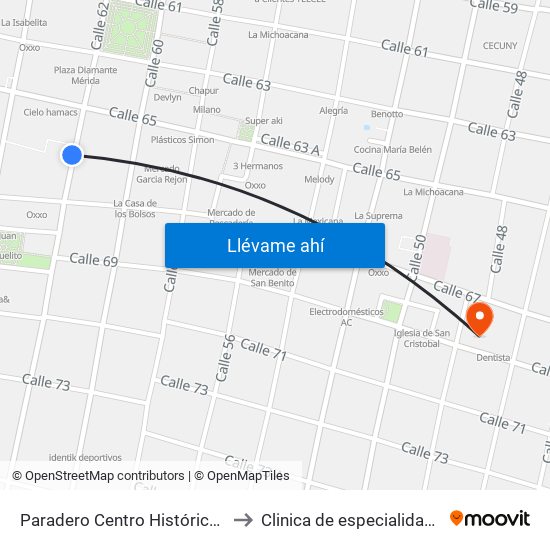 Paradero Centro Histórico,  Calle 62 Por 65 Y 67,Centro to Clinica de especialidades medicas San cristobal map