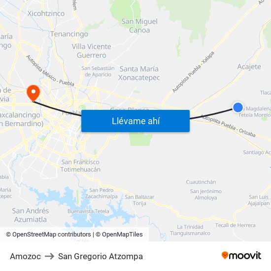 Amozoc to San Gregorio Atzompa map