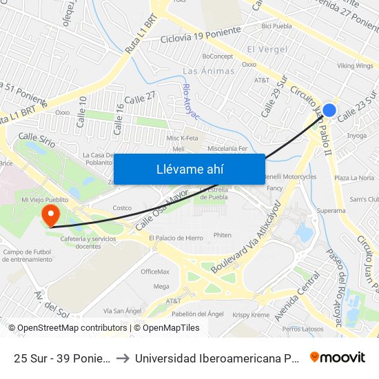 25 Sur - 39 Poniente to Universidad Iberoamericana Puebla map