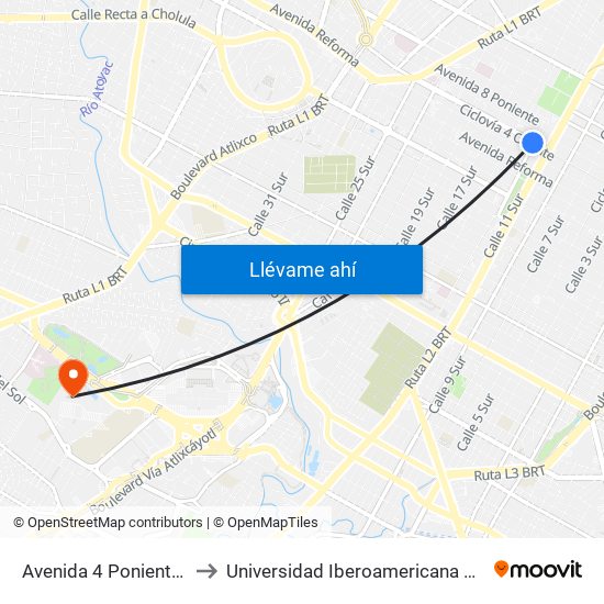 Avenida 4 Poniente, 13 to Universidad Iberoamericana Puebla map