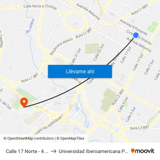 Calle 17 Norte - 4 Pte. to Universidad Iberoamericana Puebla map
