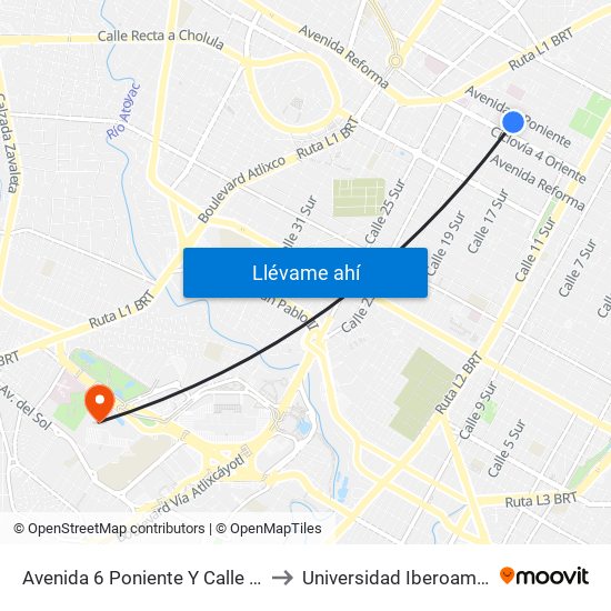Avenida 6 Poniente Y Calle Diagonal 19 Norte to Universidad Iberoamericana Puebla map