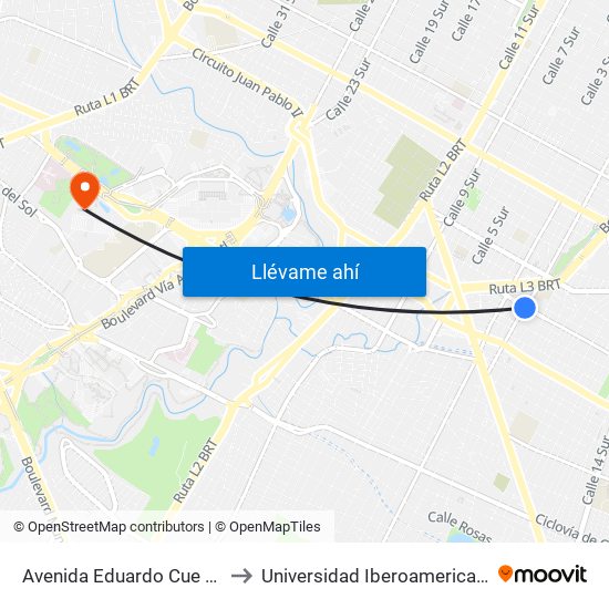 Avenida Eduardo Cue Merlo, 23 to Universidad Iberoamericana Puebla map