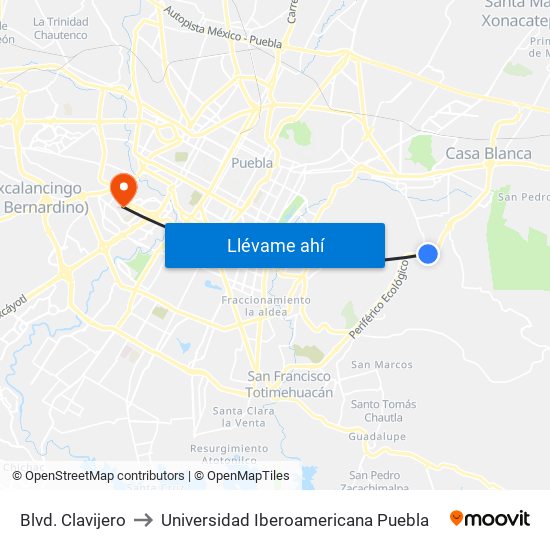 Blvd. Clavijero to Universidad Iberoamericana Puebla map