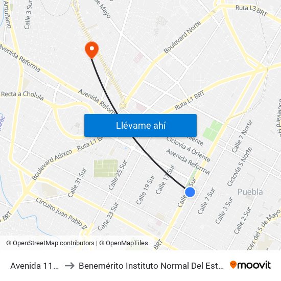 Avenida 11 Poniente 918 to Benemérito Instituto Normal Del Estado General Juan Crisóstomo Bonilla map