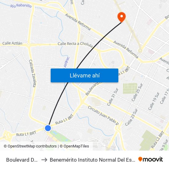 Boulevard Del Niño Poblano to Benemérito Instituto Normal Del Estado General Juan Crisóstomo Bonilla map
