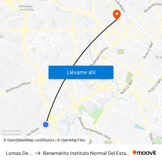 Lomas De Angelopolis to Benemérito Instituto Normal Del Estado General Juan Crisóstomo Bonilla map