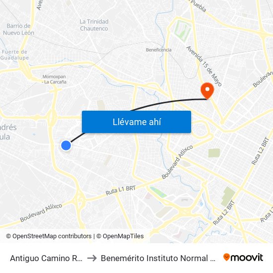 Antiguo Camino Real A Cholula - Azteca Norte to Benemérito Instituto Normal Del Estado General Juan Crisóstomo Bonilla map