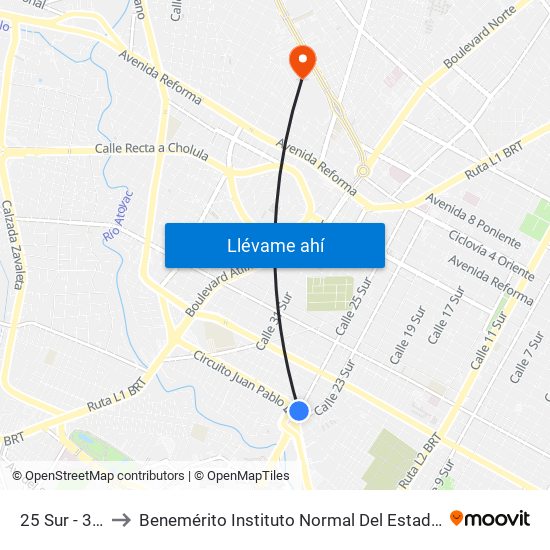 25 Sur - 39 Poniente to Benemérito Instituto Normal Del Estado General Juan Crisóstomo Bonilla map