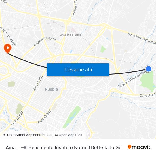 Amalucan to Benemérito Instituto Normal Del Estado General Juan Crisóstomo Bonilla map