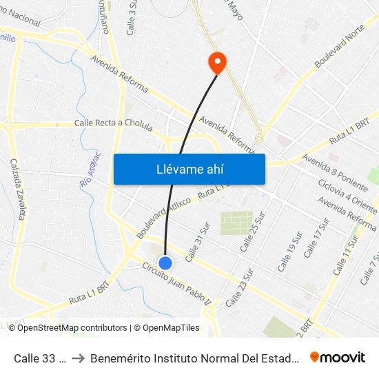 Calle 33 Sur, 3302 to Benemérito Instituto Normal Del Estado General Juan Crisóstomo Bonilla map