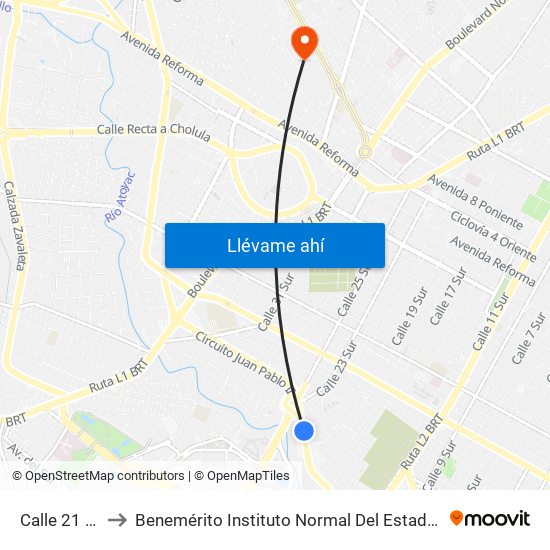 Calle 21 Sur 3919a to Benemérito Instituto Normal Del Estado General Juan Crisóstomo Bonilla map