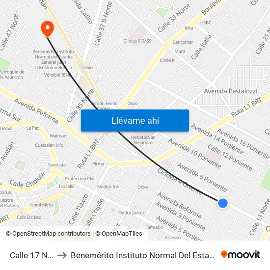 Calle 17 Norte - 4 Pte. to Benemérito Instituto Normal Del Estado General Juan Crisóstomo Bonilla map