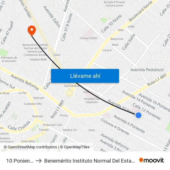 10 Poniente-19 Norte to Benemérito Instituto Normal Del Estado General Juan Crisóstomo Bonilla map