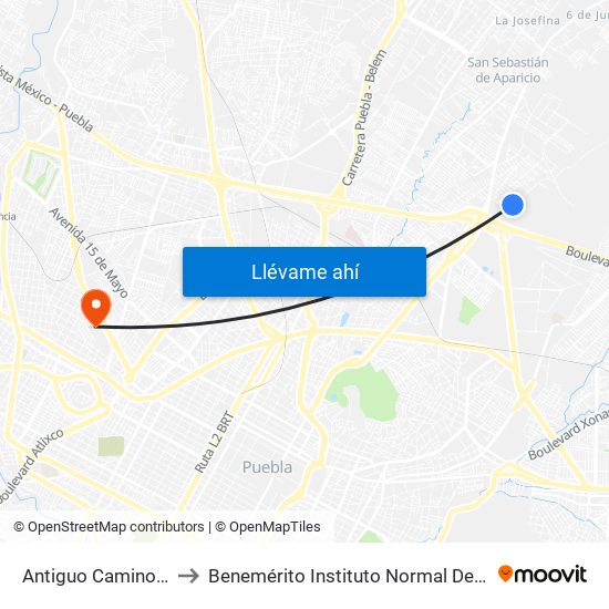 Antiguo Camino A La Resurrección, 79 to Benemérito Instituto Normal Del Estado General Juan Crisóstomo Bonilla map