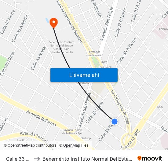 Calle 33 Norte, 412c to Benemérito Instituto Normal Del Estado General Juan Crisóstomo Bonilla map
