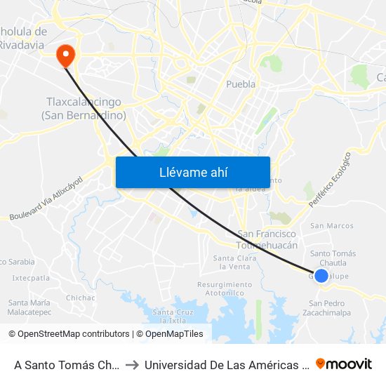 A Santo Tomás Chautla to Universidad De Las Américas Puebla map