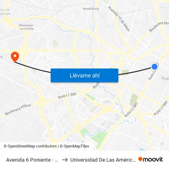 Avenida 6 Poniente - 13 Norte to Universidad De Las Américas Puebla map