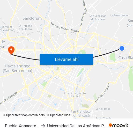 Puebla-Xonacatepec to Universidad De Las Américas Puebla map