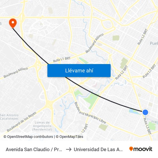 Avenida San Claudio / Prol. De La 14 Sur to Universidad De Las Américas Puebla map