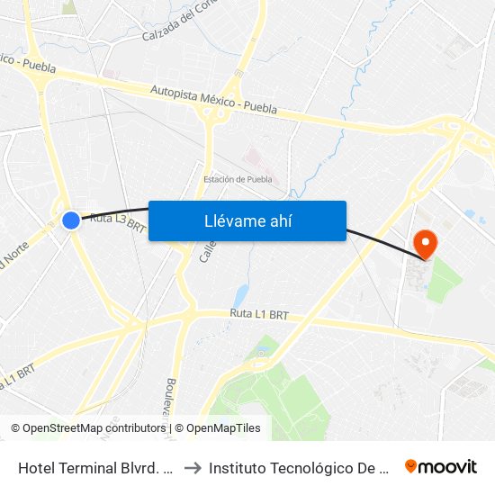 Hotel Terminal Blvrd. Norte to Instituto Tecnológico De Puebla map
