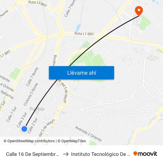 Calle 16 De Septiembre 1501 to Instituto Tecnológico De Puebla map