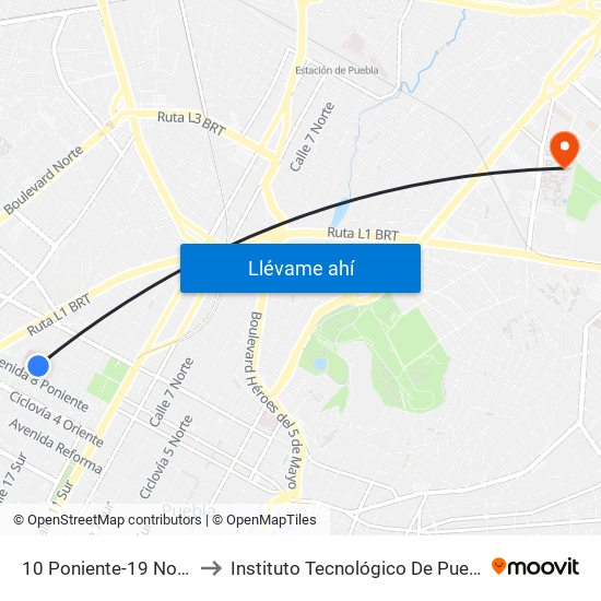 10 Poniente-19 Norte to Instituto Tecnológico De Puebla map