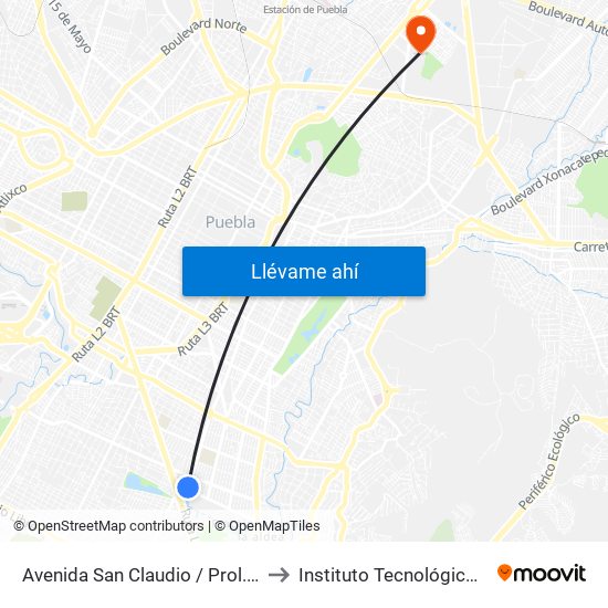 Avenida San Claudio / Prol. De La 14 Sur to Instituto Tecnológico De Puebla map