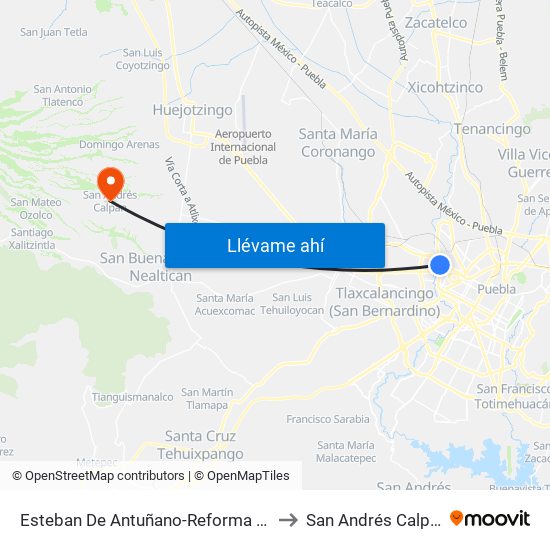 Esteban De Antuñano-Reforma Sur to San Andrés Calpan map