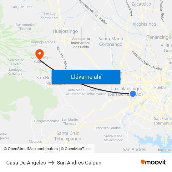 Casa De Ángeles to San Andrés Calpan map
