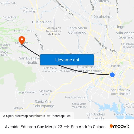 Avenida Eduardo Cue Merlo, 23 to San Andrés Calpan map