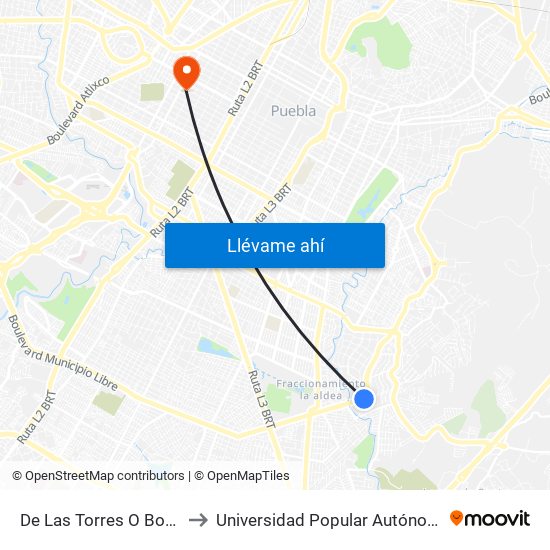 De Las Torres O Boulevard Mpio Libre to Universidad Popular Autónoma Del Estado De Puebla map