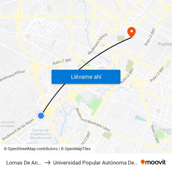 Lomas De Angelopolis to Universidad Popular Autónoma Del Estado De Puebla map